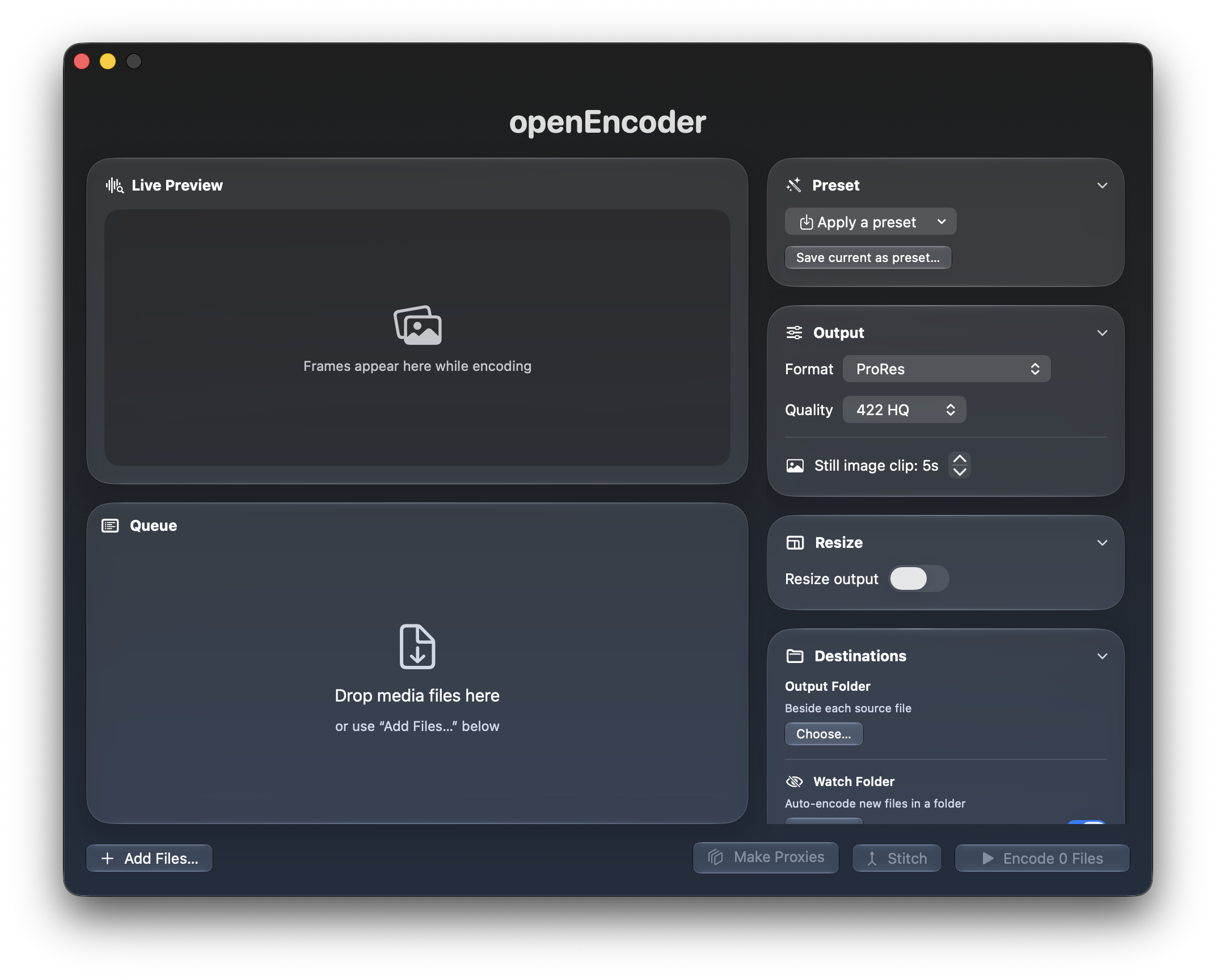openEncoder running on macOS — batch transcode queue